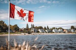 canadiense bandera en el río, ai generativo foto