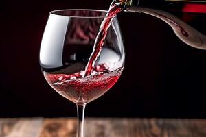 rojo vino siendo vertido rápidamente directamente desde el botella dentro un grande vino vaso, ai generativo foto