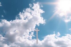 Christian cross appears bright in the sky, photo