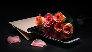 A smartphone with a blank screen an envelope a red rose, photo
