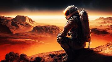 Astronaut on planet Mars, sitting on a cliff, photo