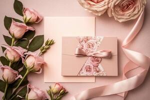 Flat lay top view of horizontal minimalist card mockup with flower, photo