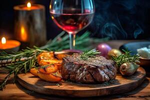 A la parrilla filete y un botella de vino un vaso, ai generativo foto