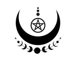 místico Luna etapas y wicca pentáculo sagrado geometría. logo, creciente luna, medio Luna pagano wiccan diosa símbolo, energía círculo, boho estilo vector aislado en blanco antecedentes