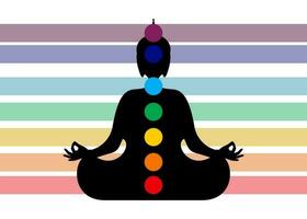Sitting Buddha silhouette in meditation with chakras. Seven chakras striped of colors, energy body and Yogi meditating in the lotus position. Vector illustration isolated on white background