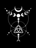 místico Luna etapas wicca marco borde. triquetra sagrado geometría. logo, wiccan triple diosa símbolo, energía círculo, blanco tatuaje boho estilo vector aislado en negro antecedentes