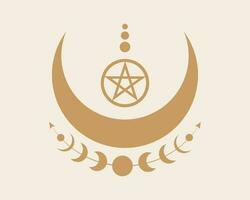 Mystical Moon Phases and Wicca pentacle. Sacred geometry. Logo, crescent moon, half moon pagan Wiccan goddess symbol, energy circle, retro boho style vector isolated on vintage background