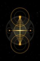 Planetary sacred geometry, gold lines overlap, triangles shape on circles. Orbits of energy circle. Alchemy, magic, esoteric, occultism symbols. Golden divine cross, vector isolated, black background