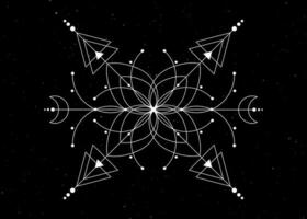 Sacred geometry, Flower of life, Mystical drawing circles, triangles, moon, scheme of energy. Symbols of alchemy, magic, esoteric, occultism. Vector isolated on black starry galaxy background