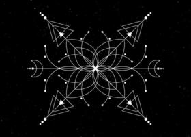 sagrado geometría, flor de vida, místico dibujo círculos, triangulos, luna, esquema de energía. símbolos de alquimia, magia, esotérico, ocultismo. vector aislado en negro estrellado galaxia antecedentes