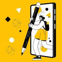 A flat student stands and holds a pencil. A woman exits the smartphone screen. Online Education vector