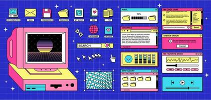 The screen of an old retro PC in the y2k style. Retro wave and vaporwave background. Bright vintage computer interface vector