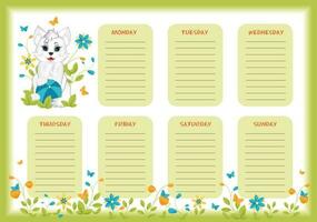 School weekly and daily planner with cute little white cat in colorful spring and summer design. vector