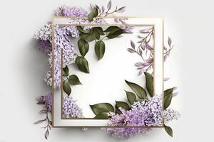 White frame with lilac flowers, photo