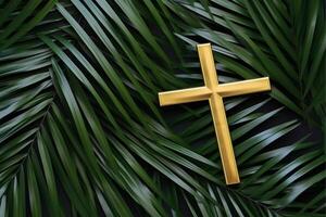 Wooden Cross with Fresh Palm Leaf, photo