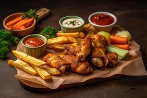Roasted chicken wings and French fries served on a wooden board, AI Generative photo