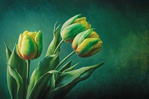 yellow tulips on green background, photo