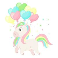 A cute unicorn with a rainbow mane and tail with heart balloons. Children's magic illustration, postcard, vector