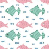 Seamless pattern with cute cartoon kawaii fish on a white background. Children's print, textile, vector