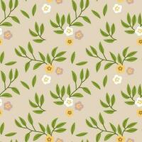 Seamless pattern, small flowers and scattered leaves. Floral rustic background, print, textile, wallpaper, vector