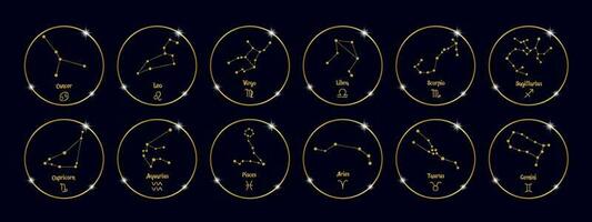 Constellations of zodiac signs in golden shiny circles, set. Golden design on a black background. Icons, vector