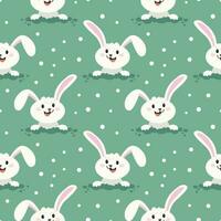 Seamless pattern, cute Easter bunnies on a green background with polka dots. Children's print, background, textile, vector