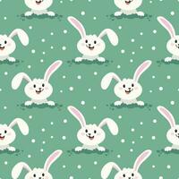 Seamless pattern, cute Easter bunnies on a green background with polka dots. Children's print, background, textile, vector