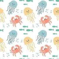 Seamless pattern with jellyfish and crabs on a white background. Background with cartoon sea animals. Baby print, vector