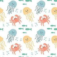 Seamless pattern with jellyfish and crabs on a white background. Background with cartoon sea animals. Baby print, vector