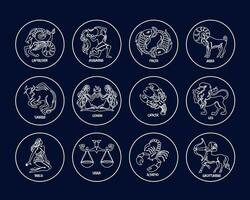 Zodiac signs, astrological horoscope signs. Contour white drawings on a blue background. Icons, vector