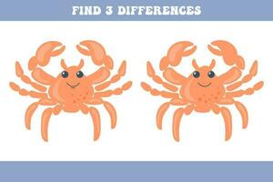 Find 3 differences between the two crabs. Children's logic game, educational puzzle, vector