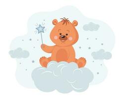 Cute cartoon teddy bear with a star on a cloud. Baby illustration, greeting card, vector