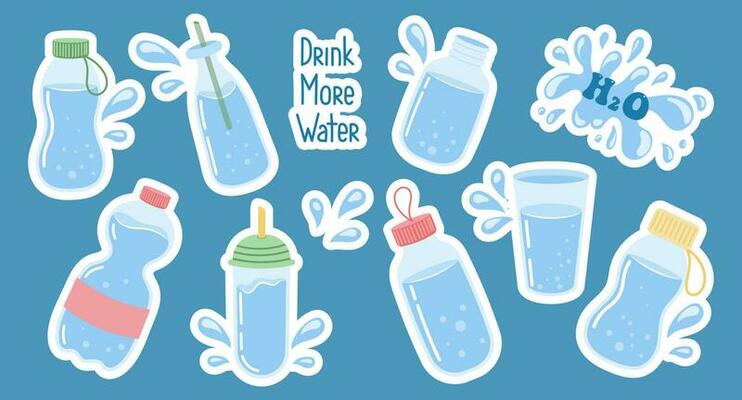 Set of various containers with clean water, glasses, bottles. Drink water concept. Stickers, icons, vector