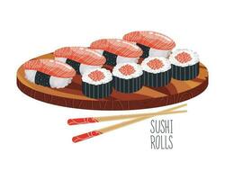 Sushi rolls on a wooden tray with chopsticks. Asian food icon, restaurant menu, vector