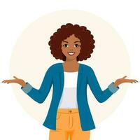 A woman with a satisfied expression gesticulates with her hands. The concept of human emotions. Flat style illustration, vector