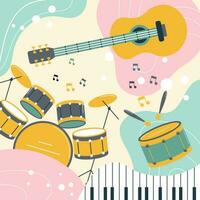 Musical instruments on a colored background in boho style. Pastel colors. Background, poster, print, vector