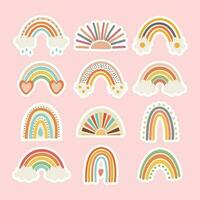 conjunto de garabatos, arcoiris, Dom con nubes y flores en retro boho estilo. bebé pegatinas, álbum de recortes iconos, vector