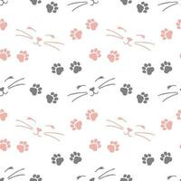 Seamless pattern, cat faces and paw prints on a white background. Print, background, children's textile, wallpaper, vector