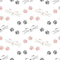 Seamless pattern, cat faces and paw prints on a white background. Print, background, children's textile, wallpaper, vector