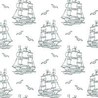 Seamless pattern, blue sea ship, frigate, caravel with seagulls on a white background. Nautical background, line art, vector