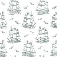 Seamless pattern, blue sea ship, frigate, caravel with seagulls on a white background. Nautical background, line art, vector