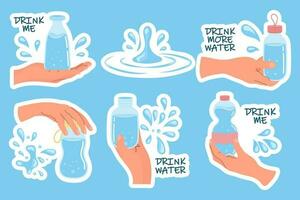 Set of hands holding different containers of water. Glasses and bottles of water in hands. Drink more water concept. Clip art, stickers, vector