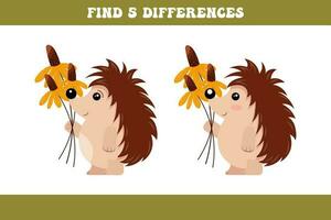 Find 5 differences between two cartoon hedgehogs with flowers. Children's logic game, educational puzzle, vector