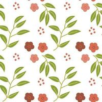 Seamless pattern, small flowers and scattered leaves. Floral rustic background, print, textile, wallpaper, vector