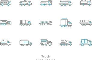 Truck Icon Set with Various Shapes in Line Style. Contains Tanker Truck, Van, Trailer and More vector