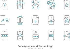 móvil teléfono funciones y ajustes íconos con línea estilo. teléfono inteligente tecnología icono conjunto vector