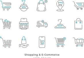 compras y comercio electrónico icono colección con línea estilo. contiene carro, compras cesta, entrega camión, Tienda y más vector