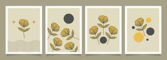 Set of Minimalist Poster with Hand Drawn Flowers. Floral Art Design for Wallpaper, Cover, Print, and More vector