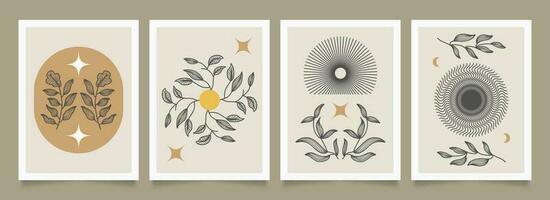 Set of Minimalist Poster with Hand Drawn Flowers. Floral Art Design for Wallpaper, Cover, Print, and More vector