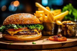 hamburguesa servido con hierbas y papas fritas, ai generativo foto